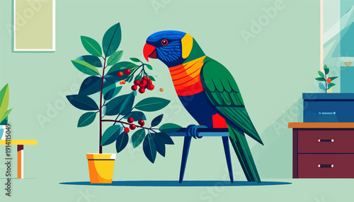 A vibrant parrot perches on a chair next to a potted plant with red berries, indoors