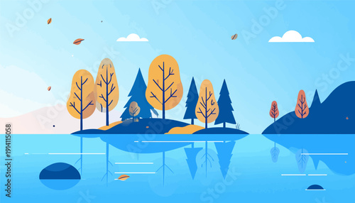A serene, flat-design illustration of a tranquil lake with stylized trees and a soft blue sky