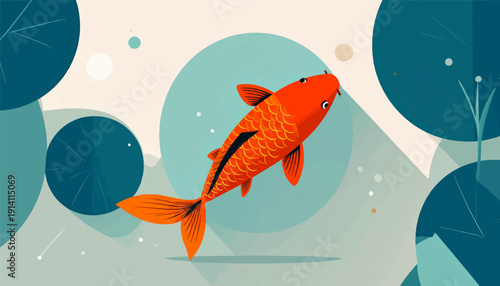 A vibrant orange koi fish swims in stylized tranquil water with abstract lily pads