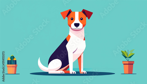 A cartoon dog with tri-colored fur sits patiently on a flat surface, flanked by two potted plants