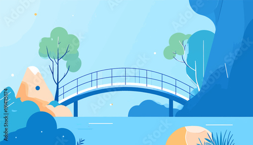 A serene landscape features a blue arched bridge over tranquil water, surrounded by stylized trees and hills