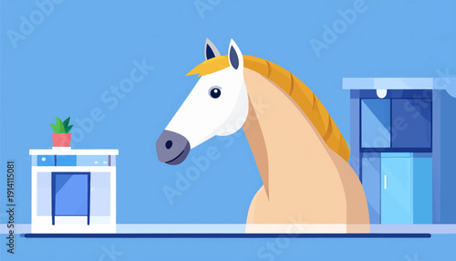 A cartoon horse head peers over a desk with a potted plant and a blue cabinet