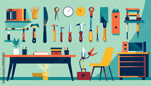 A flat-design illustration depicting a workbench with tools, desk, chair, and storage