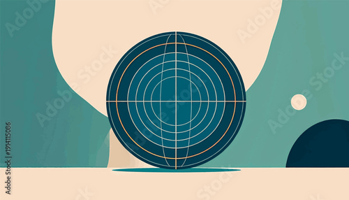 Abstract globe with concentric circles and grid, against a muted background with organic shapes