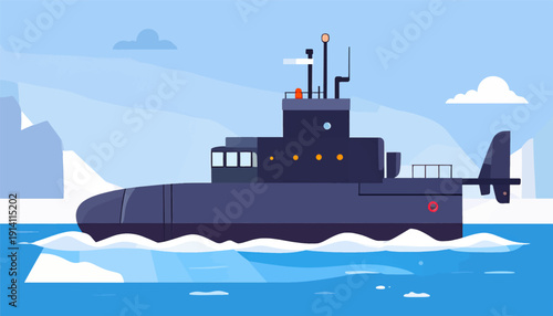 Dark blue submarine glides through icy arctic waters past snow-covered mountains and clouds