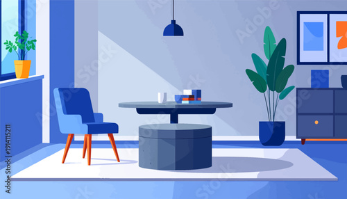 Minimalist interior scene with blue armchair, round table, plant, and wall art