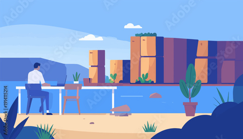 Person working on a laptop at a desk by a serene blue body of water, with a rocky cliff