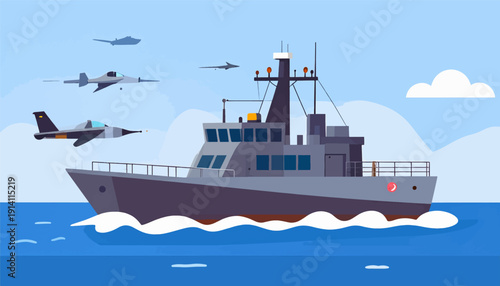 A warship sails on the ocean under a sky with fighter jets flying above