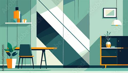 Minimalist interior with a desk, chair, cabinet, and abstract geometric wall art
