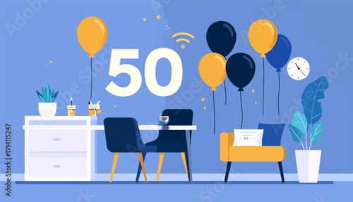 A celebration of fifty with balloons, desk, chairs, and a cozy seating area