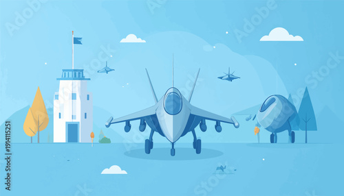 A futuristic landscape with fighter jets and a tower