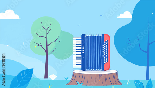 A whimsical accordion rests on a tree stump amidst a serene blue and green landscape