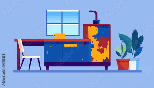 Minimalist interior with a desk, chair, cabinet, plants, and window view