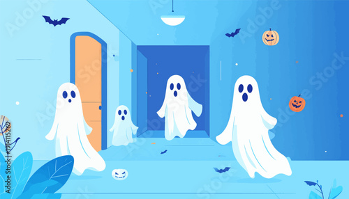 Playful ghosts and pumpkins float through a blue hallway, with bats in the air