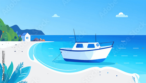 A serene seaside scene features a white boat anchored near a sandy beach with lush green hills