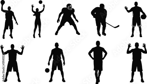 Black vector silhouette set of diverse athletes playing basketball volleyball hockey and american football for team sports fitness training competition and athletic lifestyle branding