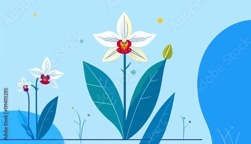 Abstract illustration of delicate white orchids with vibrant red centers bloom against a soft blue backdrop