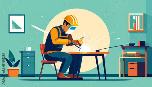 A welder in a protective helmet and uniform works at a table, creating sparks