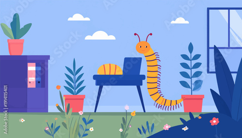 A whimsical cartoon centipede with an orange head and segmented yellow body in a room with plants