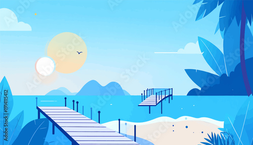 Serene coastal view with piers and tropical foliage under a bright sky