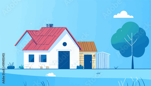 A simple rural scene with a house, shed, and tree under a bright blue sky