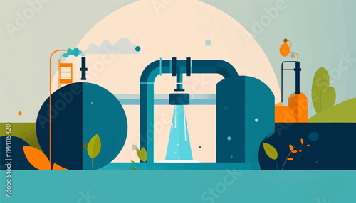 Abstract industrial scene with pipes, tanks, water flow, and abstract foliage