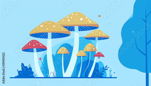 A whimsical forest scene with a cluster of stylized mushrooms and a large blue tree