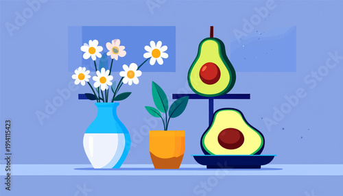 A simple still life featuring daisies in a vase, a potted plant, and two avocado halves
