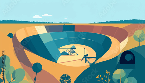 Abstract industrial landscape with a large open pit mine and scattered trees under a blue sky