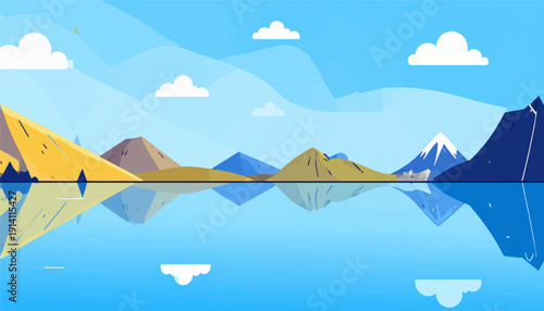 Minimalist landscape with geometric mountains, clouds, and calm water reflection