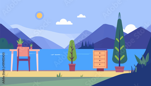 Serene lakeside view with a table, chair, dresser, and potted plants under a sunny sky
