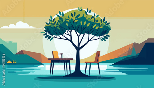 Serene landscape with a tree, table, and chairs by calm water