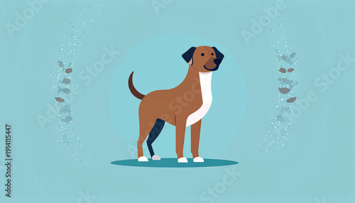 A cheerful brown dog with black ears and white chest stands on a blue background