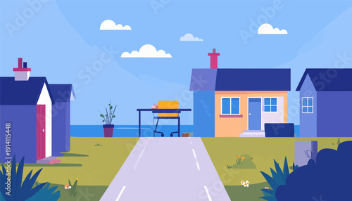 A simplified cartoon scene of houses by the sea with a road leading towards them