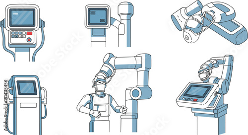 Medical Robotic Surgery System Set with Robotic Arms, Surgical Console, Hospital Automation and Advanced Healthcare Technology Vector Illustration