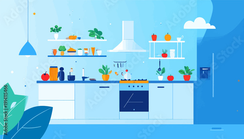 A cheerful, minimalist illustration of a bright kitchen with cabinets, a stove, sink, and shelves stocked with fruits and plants