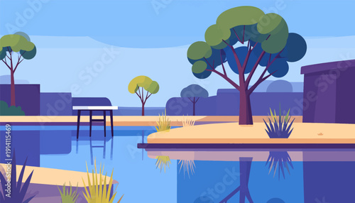 Serene minimalist scene with trees, water, and a table reflecting