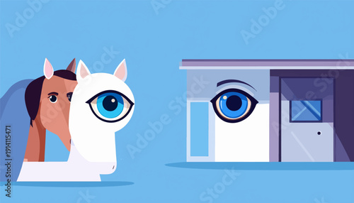 Stylized cartoon horses observe a building with a large eye