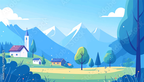 Serene mountain landscape with quaint village and rolling green hills under a clear blue sky