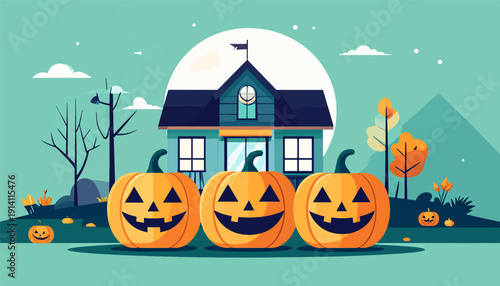 A whimsical Halloween scene featuring a charming house, grinning pumpkins, and spooky trees under a moonlit sky