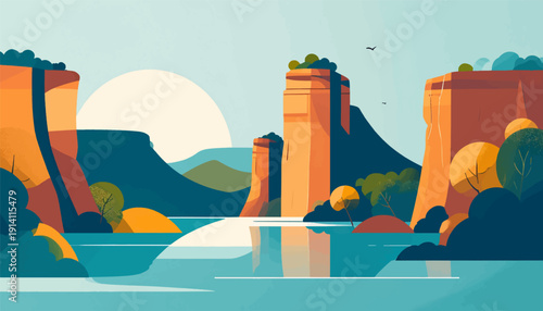 Abstract landscape with vast water body reflecting towering orange rock formations and lush green vegetation under a pale sun