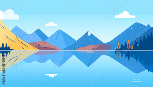 Serene mountain range reflected in calm, blue water under a clear sky