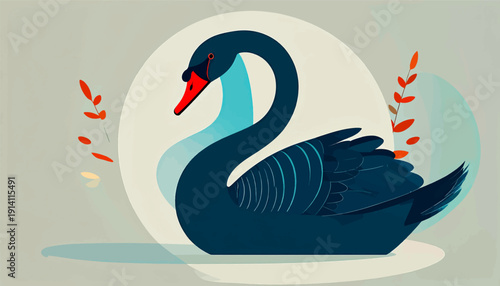 A stylized illustration of a dark swan with a red beak and blue neck accents against a muted background