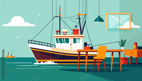 A stylized illustration of a fishing boat sailing near a desk with a chair
