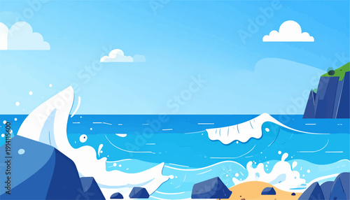 Stylized coastal scene with blue ocean waves crashing onto a sandy shore with rocks and distant cliffs under a sky with fluffy clouds