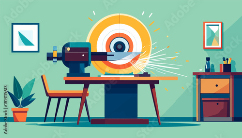 Sharpening a blade with sparks flying from a grinder on a desk in a workshop
