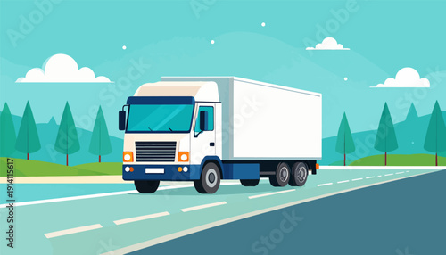 A clean, stylized illustration of a white and blue delivery truck driving on a highway
