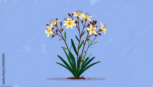 A stylized illustration of a flowering plant with pale yellow blossoms and green foliage against a soft blue background