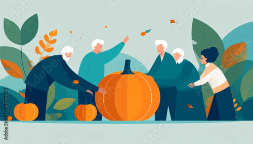 Diverse group of people gather around large pumpkin, autumn leaves fall around them