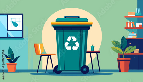 A clean room scene with a large green recycling bin and potted plants